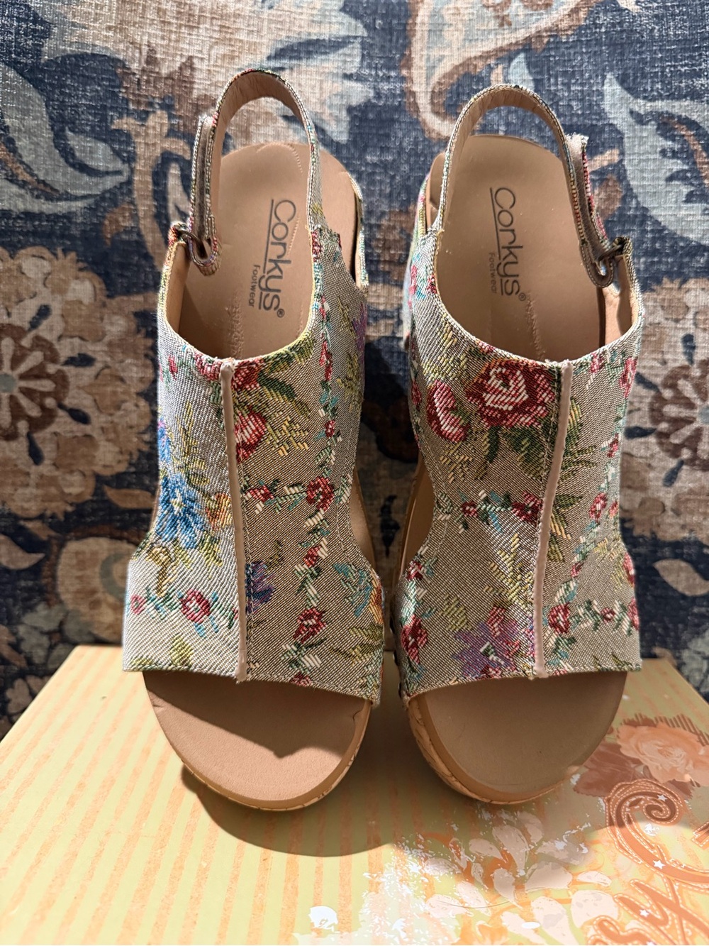 Corkys Beige Floral Open-Toe Slingback Wedges